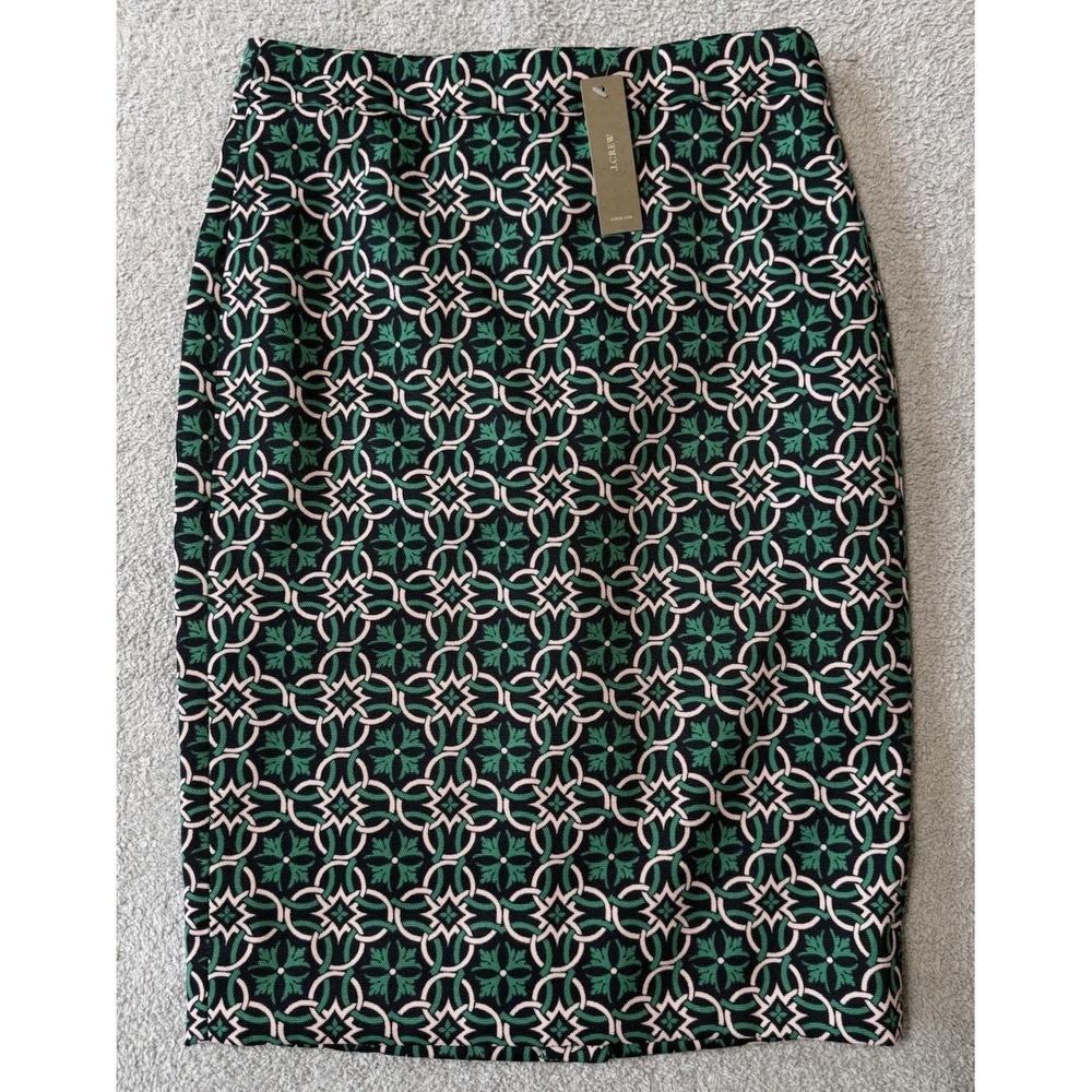 NWT J.Crew Pencil Skirt Geometric Pattern Green Navy Pale‎ Pink Womens Size 00